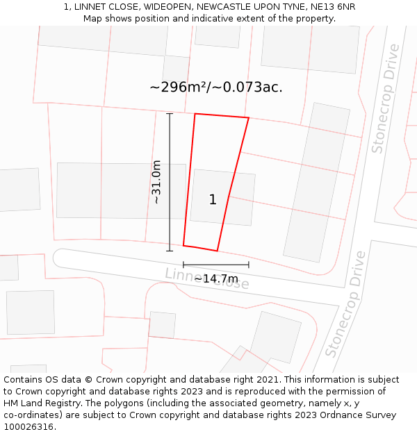 1, LINNET CLOSE, WIDEOPEN, NEWCASTLE UPON TYNE, NE13 6NR: Plot and title map