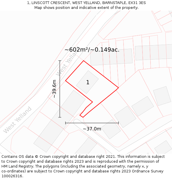 1, LINSCOTT CRESCENT, WEST YELLAND, BARNSTAPLE, EX31 3ES: Plot and title map