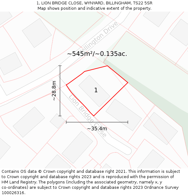 1, LION BRIDGE CLOSE, WYNYARD, BILLINGHAM, TS22 5SR: Plot and title map