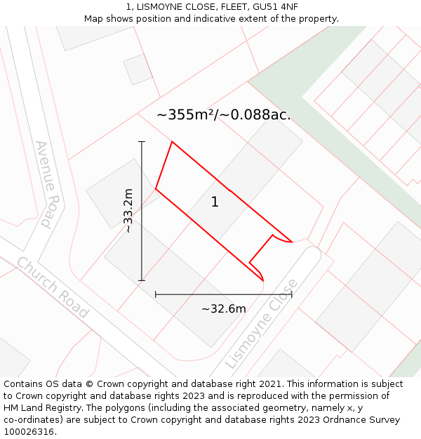 1, LISMOYNE CLOSE, FLEET, GU51 4NF: Plot and title map