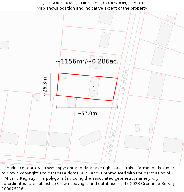 1, LISSOMS ROAD, CHIPSTEAD, COULSDON, CR5 3LE: Plot and title map