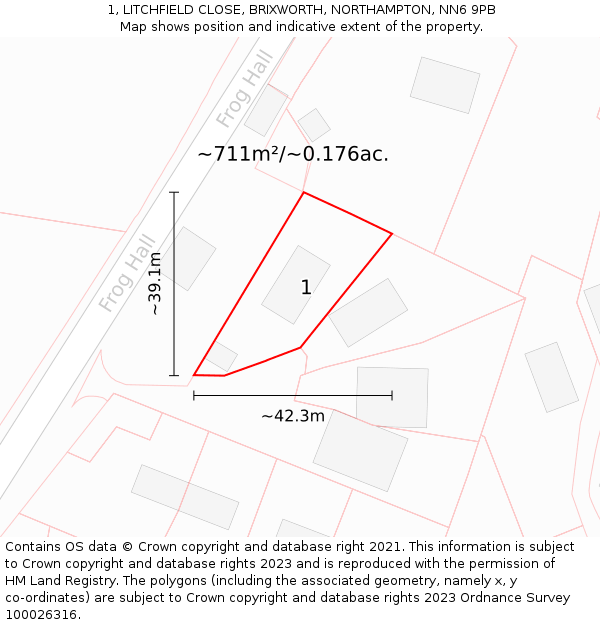 1, LITCHFIELD CLOSE, BRIXWORTH, NORTHAMPTON, NN6 9PB: Plot and title map