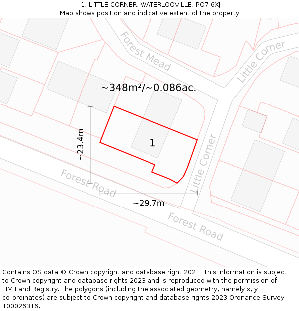 1, LITTLE CORNER, WATERLOOVILLE, PO7 6XJ: Plot and title map