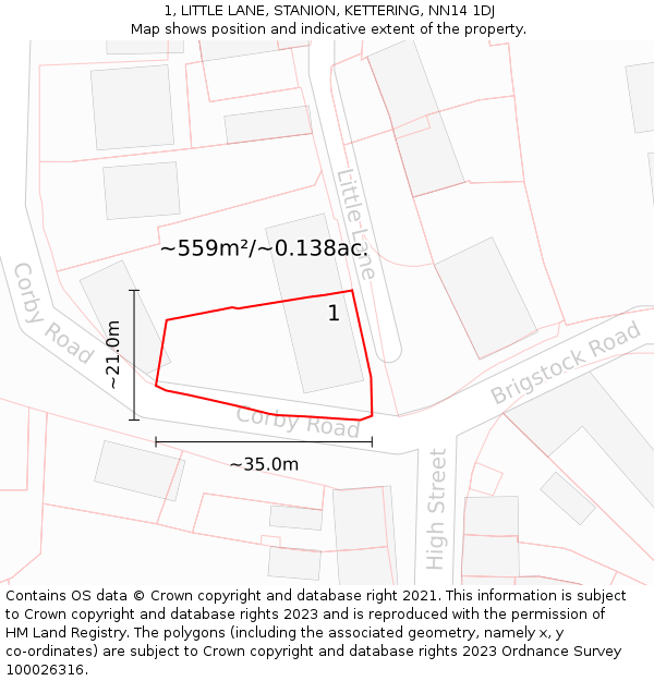 1, LITTLE LANE, STANION, KETTERING, NN14 1DJ: Plot and title map