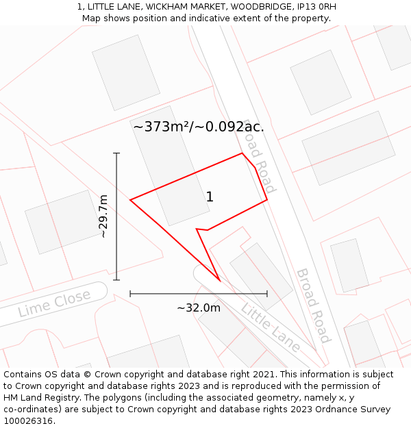 1, LITTLE LANE, WICKHAM MARKET, WOODBRIDGE, IP13 0RH: Plot and title map