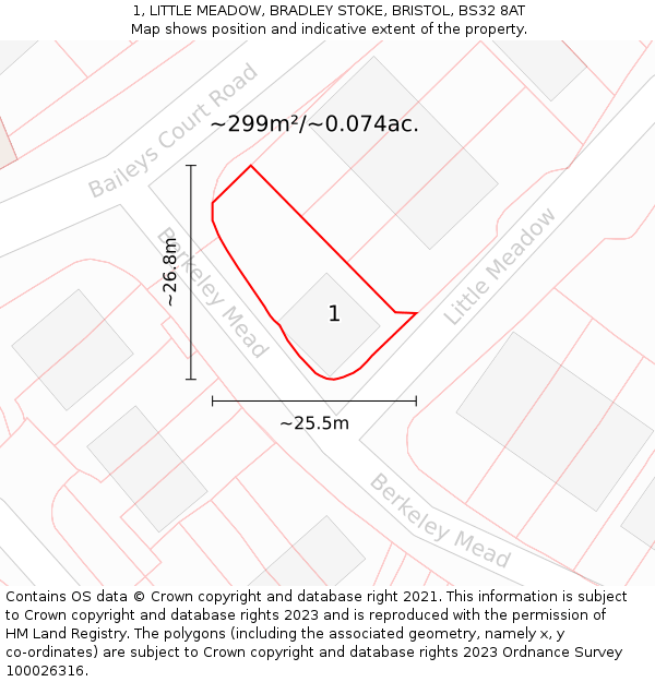 1, LITTLE MEADOW, BRADLEY STOKE, BRISTOL, BS32 8AT: Plot and title map