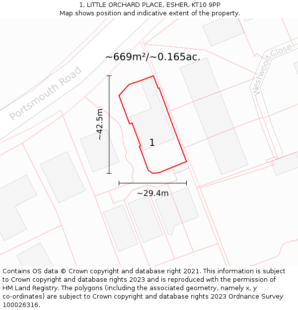 1, LITTLE ORCHARD PLACE, ESHER, KT10 9PP: Plot and title map