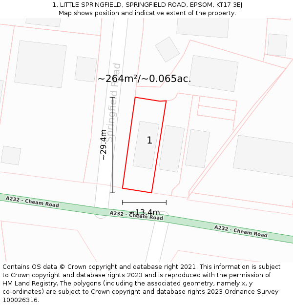 1, LITTLE SPRINGFIELD, SPRINGFIELD ROAD, EPSOM, KT17 3EJ: Plot and title map