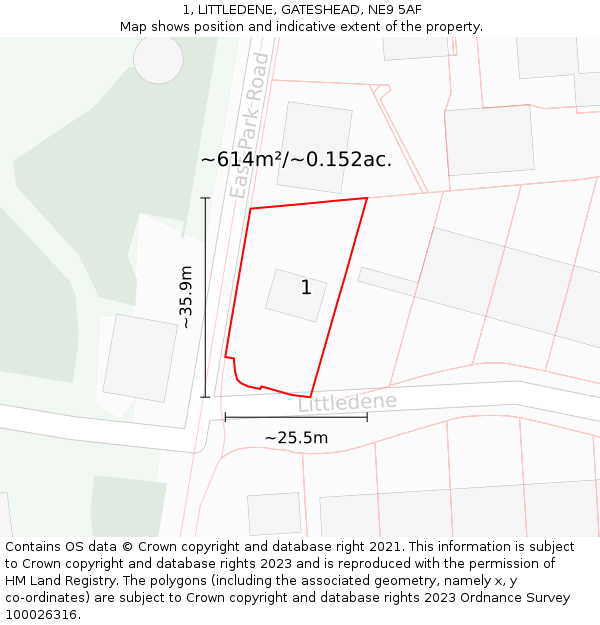 1, LITTLEDENE, GATESHEAD, NE9 5AF: Plot and title map