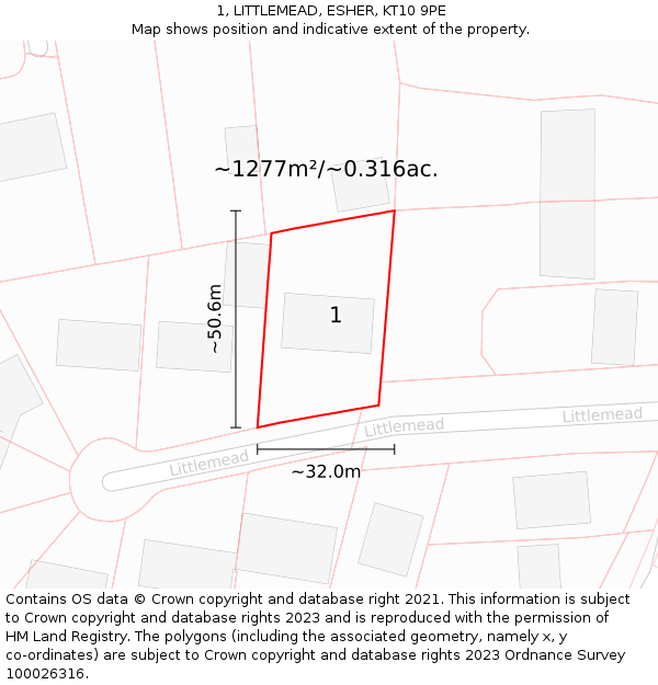 1, LITTLEMEAD, ESHER, KT10 9PE: Plot and title map