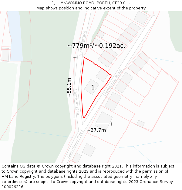 1, LLANWONNO ROAD, PORTH, CF39 0HU: Plot and title map