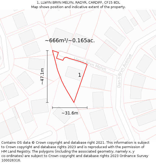 1, LLWYN BRYN MELYN, RADYR, CARDIFF, CF15 8DL: Plot and title map