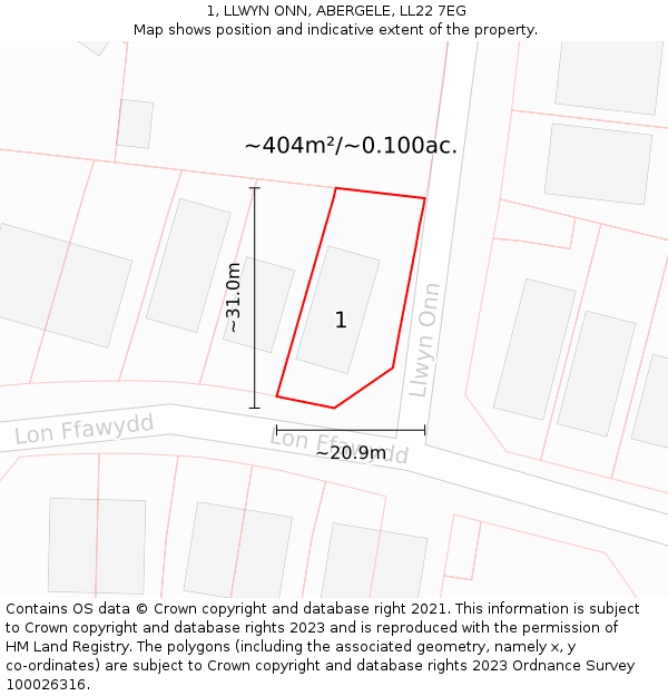 1, LLWYN ONN, ABERGELE, LL22 7EG: Plot and title map