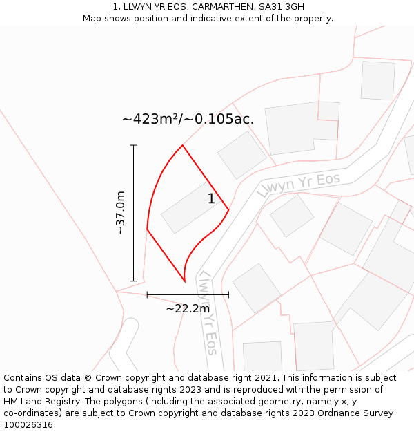 1, LLWYN YR EOS, CARMARTHEN, SA31 3GH: Plot and title map