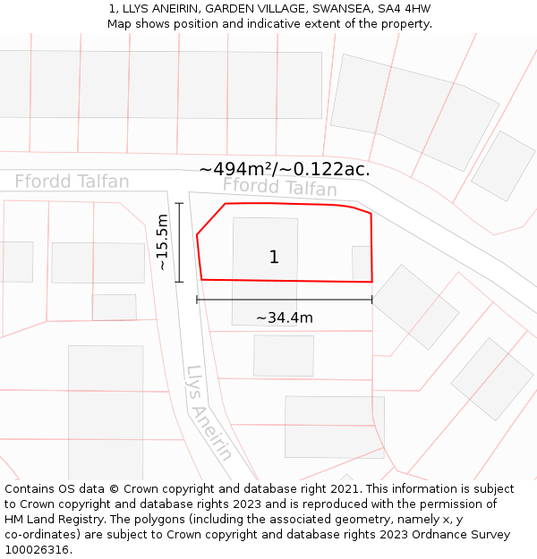 1, LLYS ANEIRIN, GARDEN VILLAGE, SWANSEA, SA4 4HW: Plot and title map