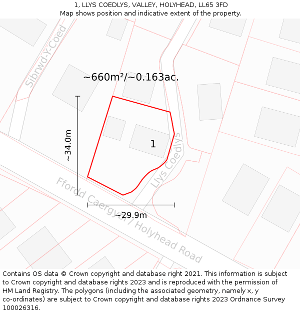 1, LLYS COEDLYS, VALLEY, HOLYHEAD, LL65 3FD: Plot and title map