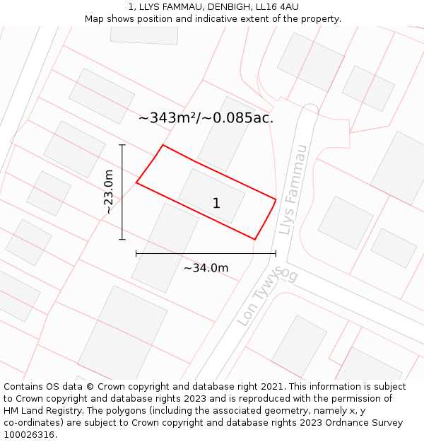 1, LLYS FAMMAU, DENBIGH, LL16 4AU: Plot and title map