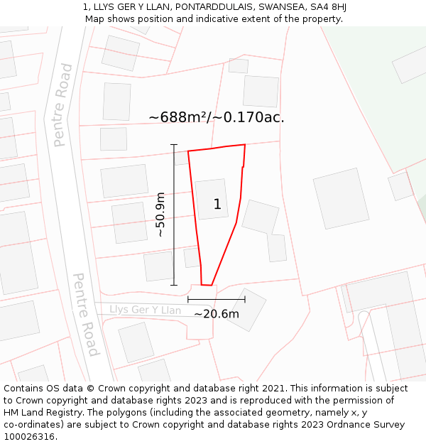 1, LLYS GER Y LLAN, PONTARDDULAIS, SWANSEA, SA4 8HJ: Plot and title map