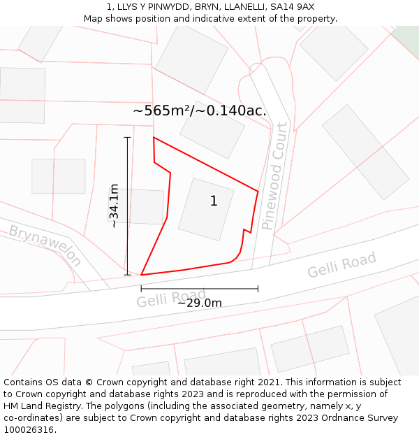 1, LLYS Y PINWYDD, BRYN, LLANELLI, SA14 9AX: Plot and title map