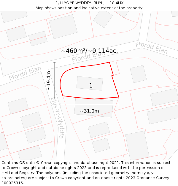 1, LLYS YR WYDDFA, RHYL, LL18 4HX: Plot and title map