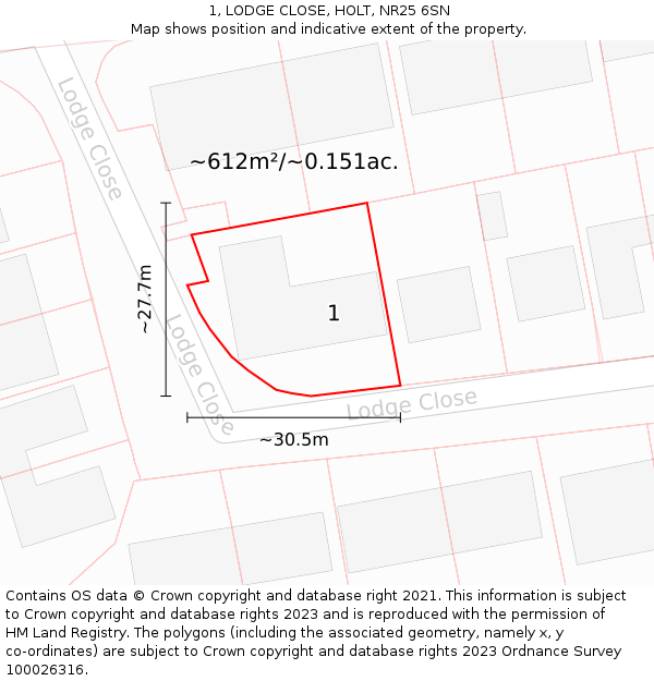 1, LODGE CLOSE, HOLT, NR25 6SN: Plot and title map