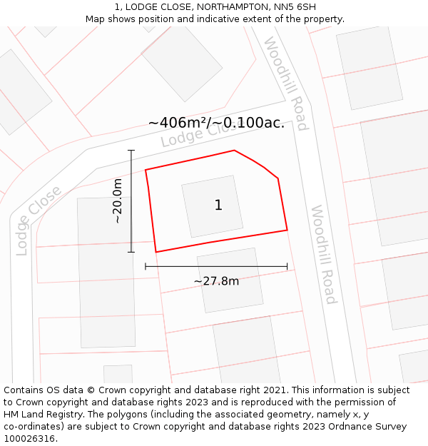 1, LODGE CLOSE, NORTHAMPTON, NN5 6SH: Plot and title map