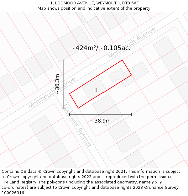 1, LODMOOR AVENUE, WEYMOUTH, DT3 5AF: Plot and title map