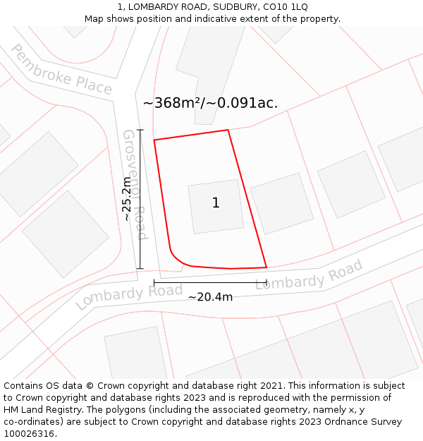 1, LOMBARDY ROAD, SUDBURY, CO10 1LQ: Plot and title map