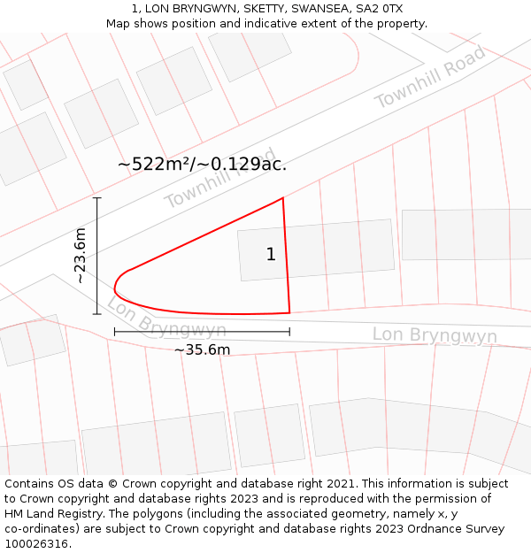 1, LON BRYNGWYN, SKETTY, SWANSEA, SA2 0TX: Plot and title map