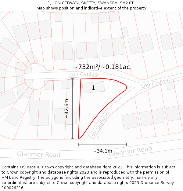 1, LON CEDWYN, SKETTY, SWANSEA, SA2 0TH: Plot and title map