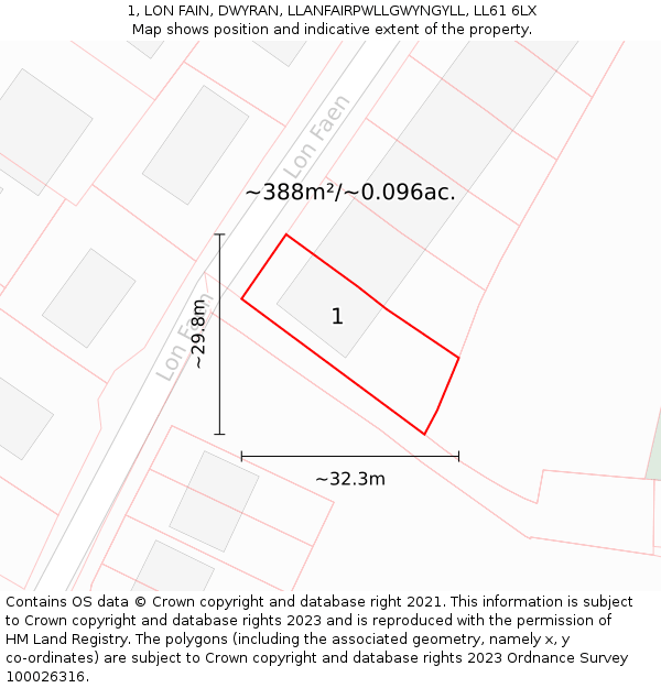 1, LON FAIN, DWYRAN, LLANFAIRPWLLGWYNGYLL, LL61 6LX: Plot and title map