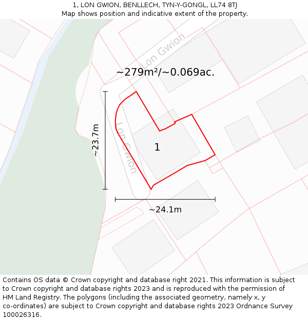 1, LON GWION, BENLLECH, TYN-Y-GONGL, LL74 8TJ: Plot and title map