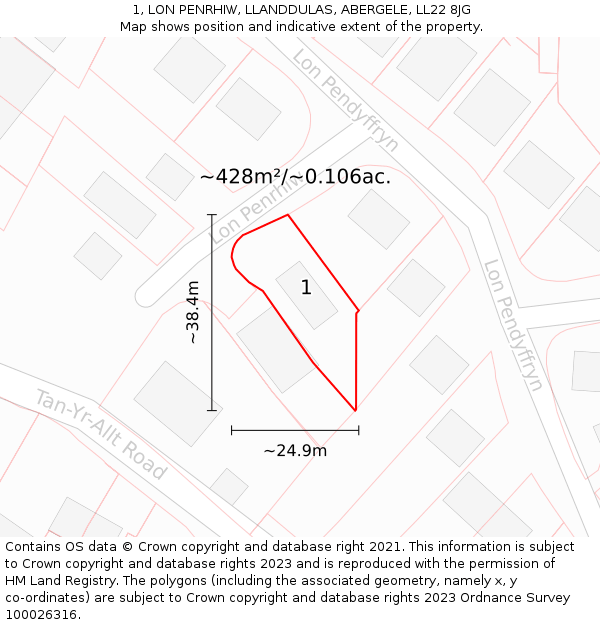 1, LON PENRHIW, LLANDDULAS, ABERGELE, LL22 8JG: Plot and title map