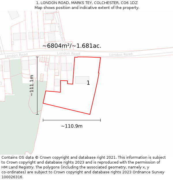 1, LONDON ROAD, MARKS TEY, COLCHESTER, CO6 1DZ: Plot and title map