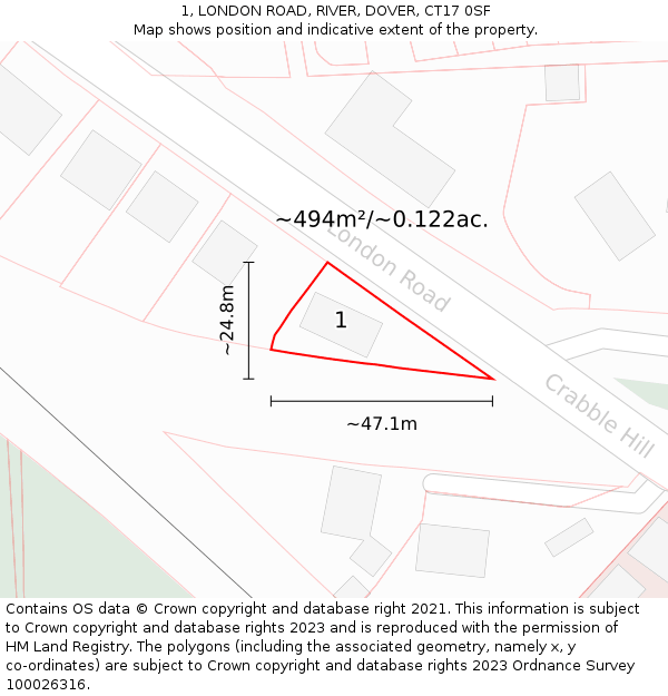 1, LONDON ROAD, RIVER, DOVER, CT17 0SF: Plot and title map