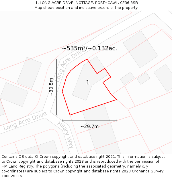 1, LONG ACRE DRIVE, NOTTAGE, PORTHCAWL, CF36 3SB: Plot and title map