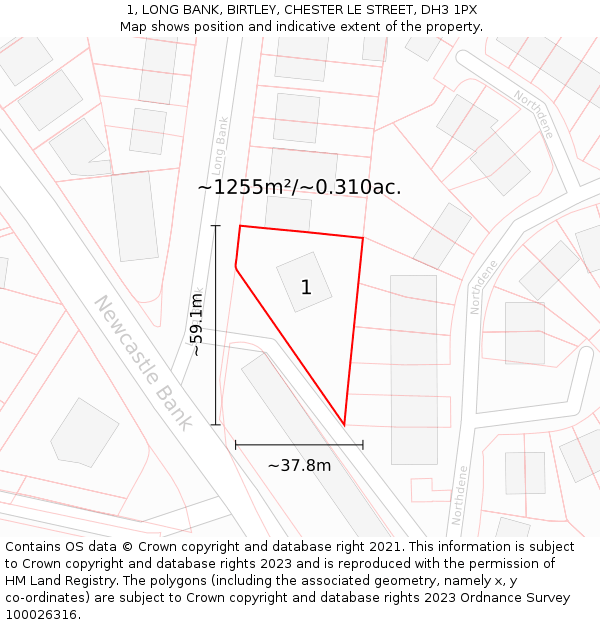 1, LONG BANK, BIRTLEY, CHESTER LE STREET, DH3 1PX: Plot and title map