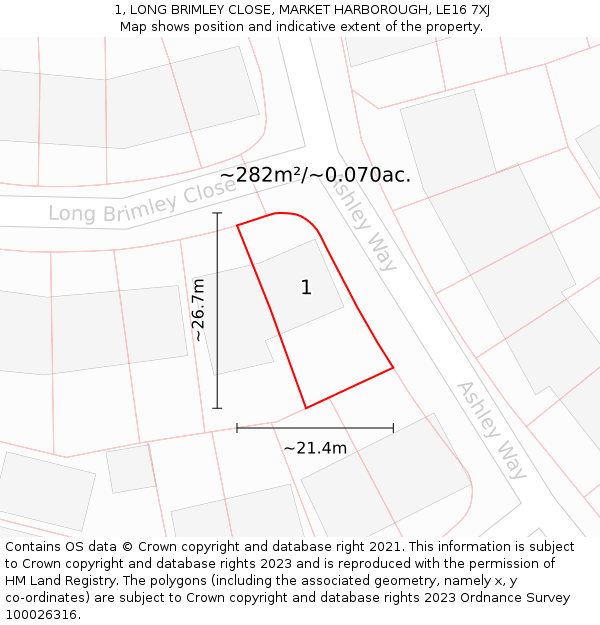 1, LONG BRIMLEY CLOSE, MARKET HARBOROUGH, LE16 7XJ: Plot and title map