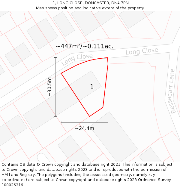 1, LONG CLOSE, DONCASTER, DN4 7PN: Plot and title map