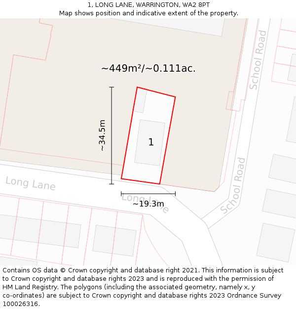 1, LONG LANE, WARRINGTON, WA2 8PT: Plot and title map