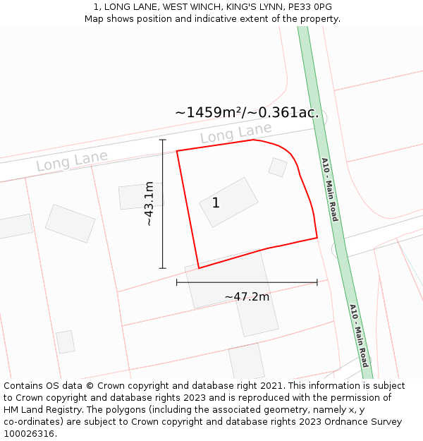 1, LONG LANE, WEST WINCH, KING'S LYNN, PE33 0PG: Plot and title map