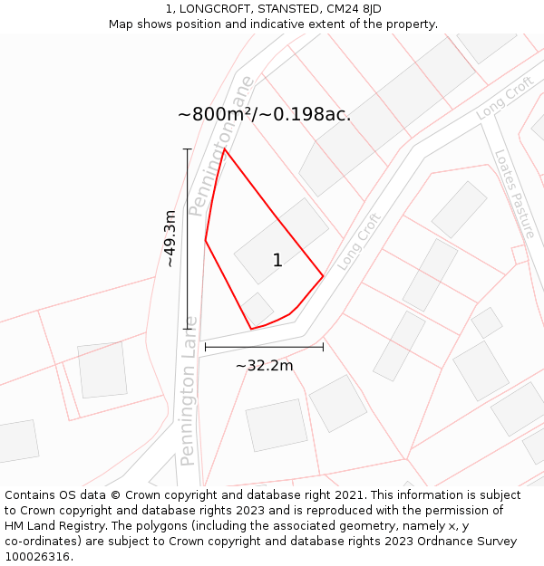 1, LONGCROFT, STANSTED, CM24 8JD: Plot and title map