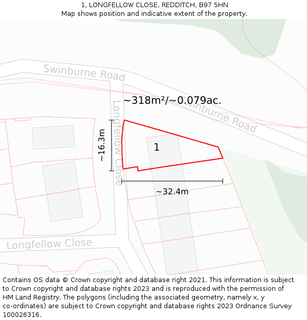 1, LONGFELLOW CLOSE, REDDITCH, B97 5HN: Plot and title map