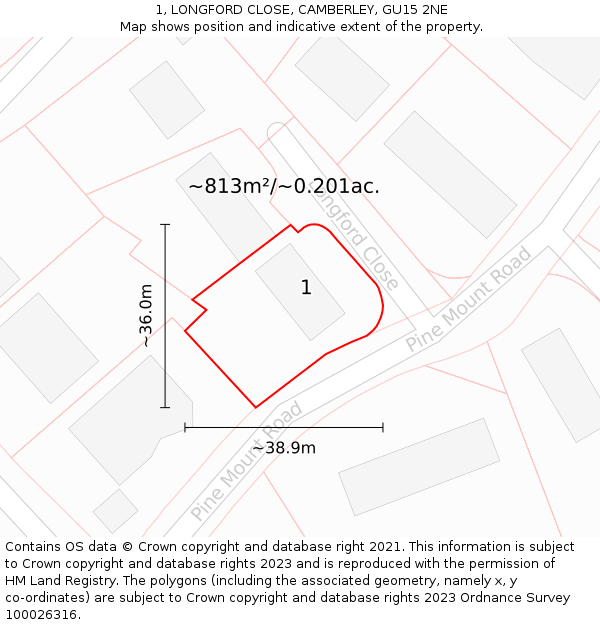 1, LONGFORD CLOSE, CAMBERLEY, GU15 2NE: Plot and title map