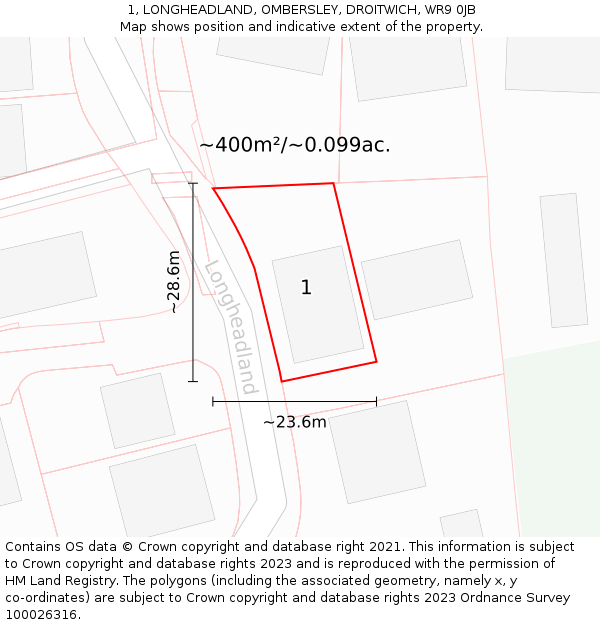 1, LONGHEADLAND, OMBERSLEY, DROITWICH, WR9 0JB: Plot and title map