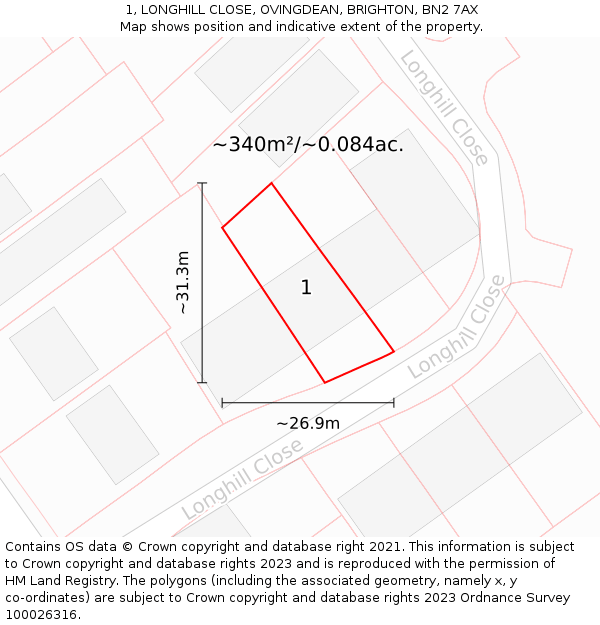 1, LONGHILL CLOSE, OVINGDEAN, BRIGHTON, BN2 7AX: Plot and title map