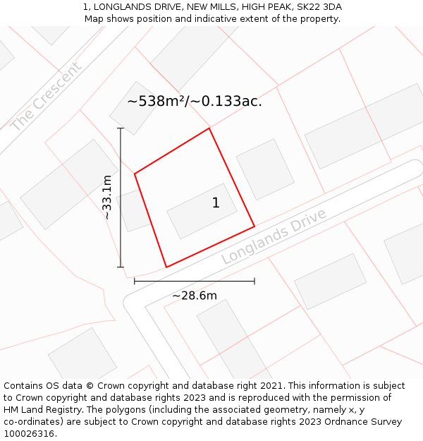 1, LONGLANDS DRIVE, NEW MILLS, HIGH PEAK, SK22 3DA: Plot and title map