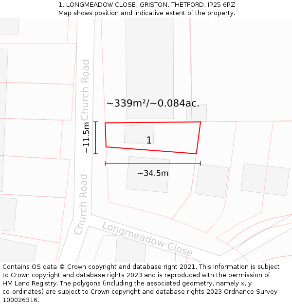 1, LONGMEADOW CLOSE, GRISTON, THETFORD, IP25 6PZ: Plot and title map