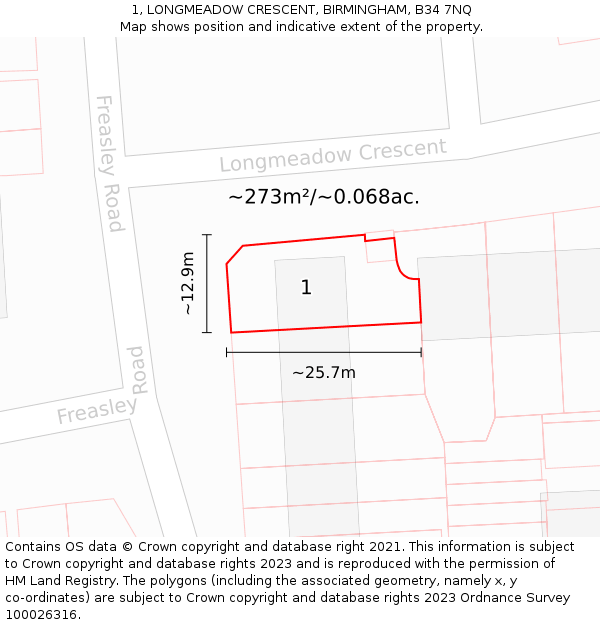 1, LONGMEADOW CRESCENT, BIRMINGHAM, B34 7NQ: Plot and title map