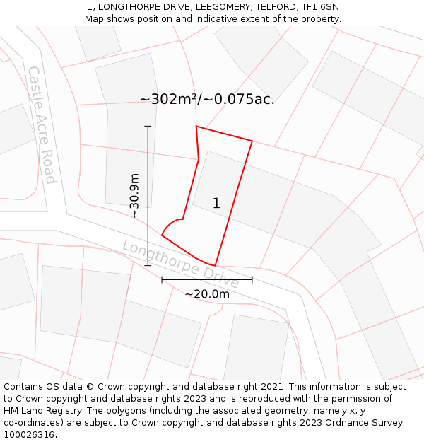 1, LONGTHORPE DRIVE, LEEGOMERY, TELFORD, TF1 6SN: Plot and title map